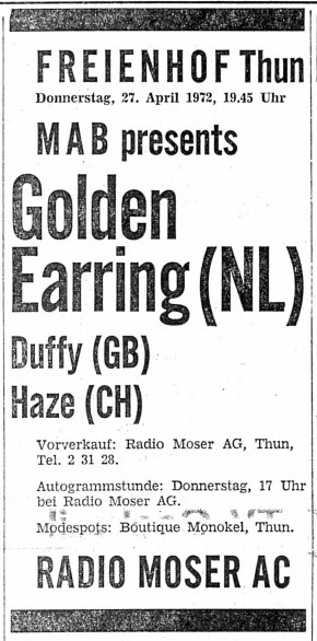 Golden Earring Swiss 1972 shows announcement in L'impartial newspaper