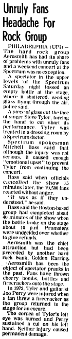 Aerosmith with special guest Golden Earring show review for November 25, 1978 Philadelphia - The Spectrum Reading Eagle November 27 1978