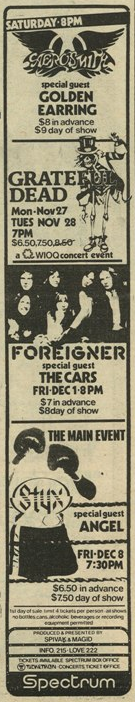 Aerosmith with special guest Golden Earring show announcement for November 25, 1978 Philadelphia - The Spectrum
