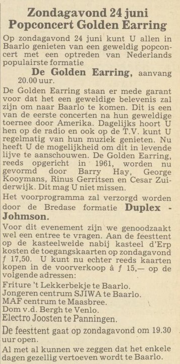 Golden Earring newspaper show announcement Baarlo - Manege